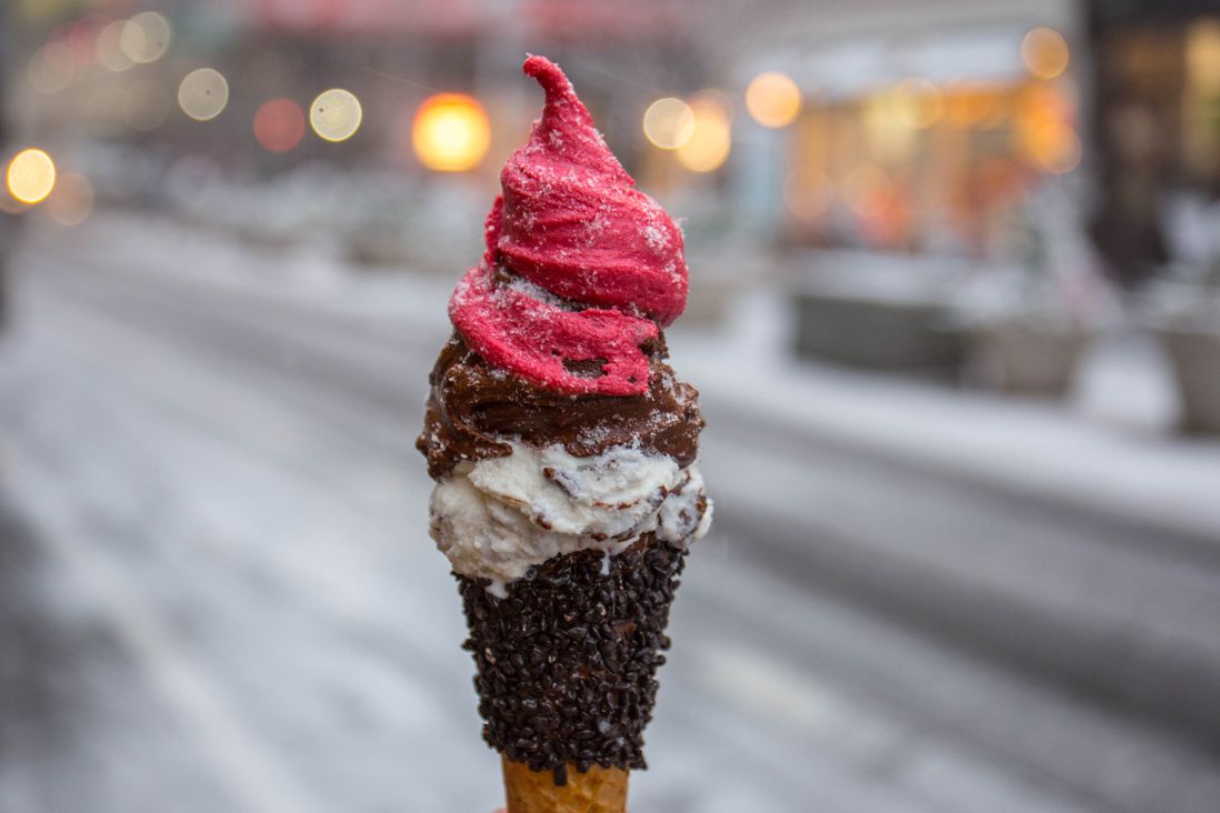 Raspberry, Drak Chocolate, Stracciatella with Suprema Chocolate Spread and NYC snow ($8.25)<br/>